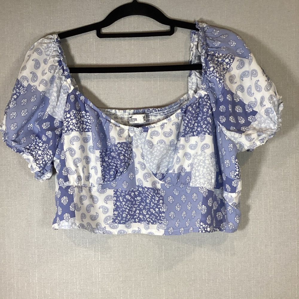 Hollister Blue and White Patchwork Crop‎ Top